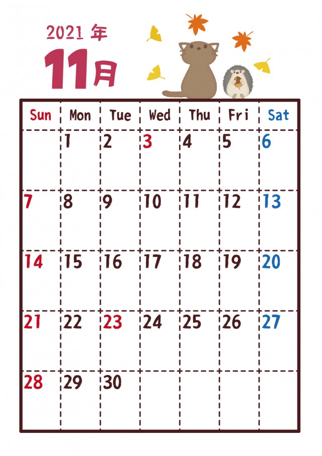 2021年猫カレンダー　11月　紅葉