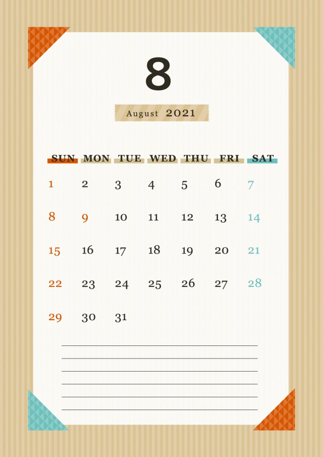 ガーリーな月間カレンダー 21年 8月 無料イラスト素材 素材ラボ