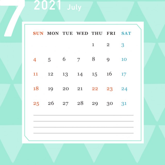 スクエア型の月間カレンダー 21年 7月 無料イラスト素材 素材ラボ