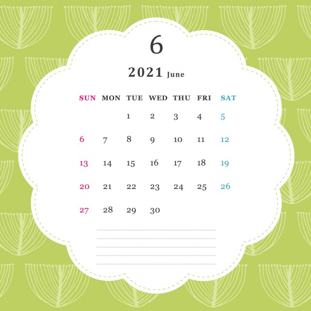 スクエア型の花柄の月間カレンダー 21年 6月 無料イラスト素材 素材ラボ