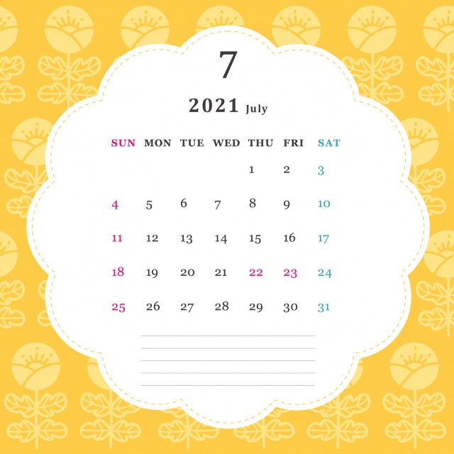 スクエア型の花柄の月間カレンダー 21年 7月 無料イラスト素材 素材ラボ