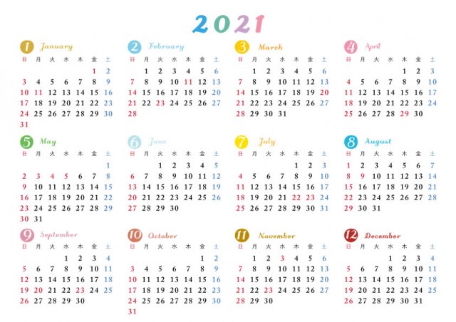 2021年　年間カレンダー　シンプル
