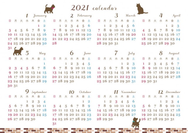 2021年　年間カレンダー　猫