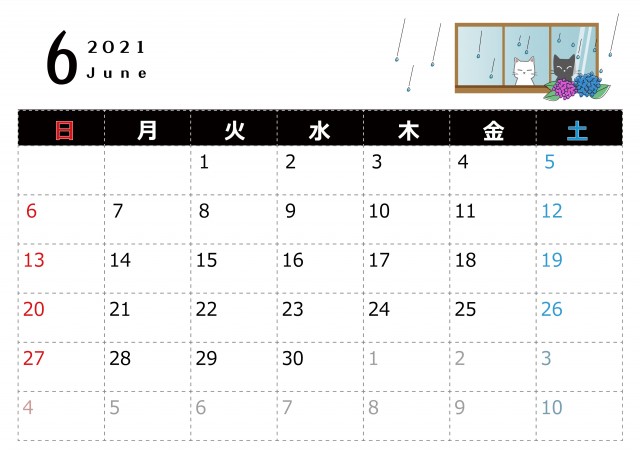 白猫と黒猫の21年 6月 カレンダー 横型 無料イラスト素材 素材ラボ