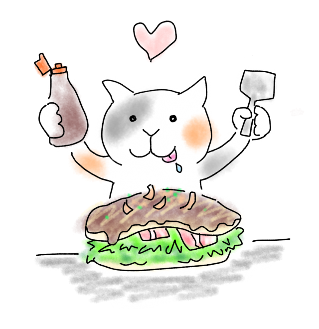 ゆるい手描き風イラスト 広島風お好み焼きを食べる猫 無料イラスト素材 素材ラボ