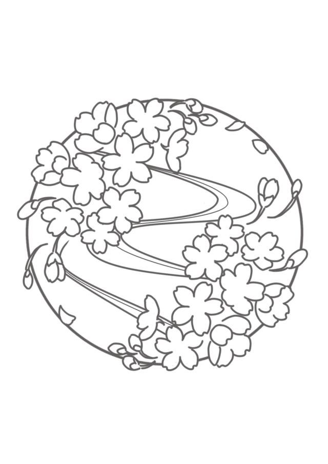 桜に流水模様の塗り絵 無料イラスト素材 素材ラボ