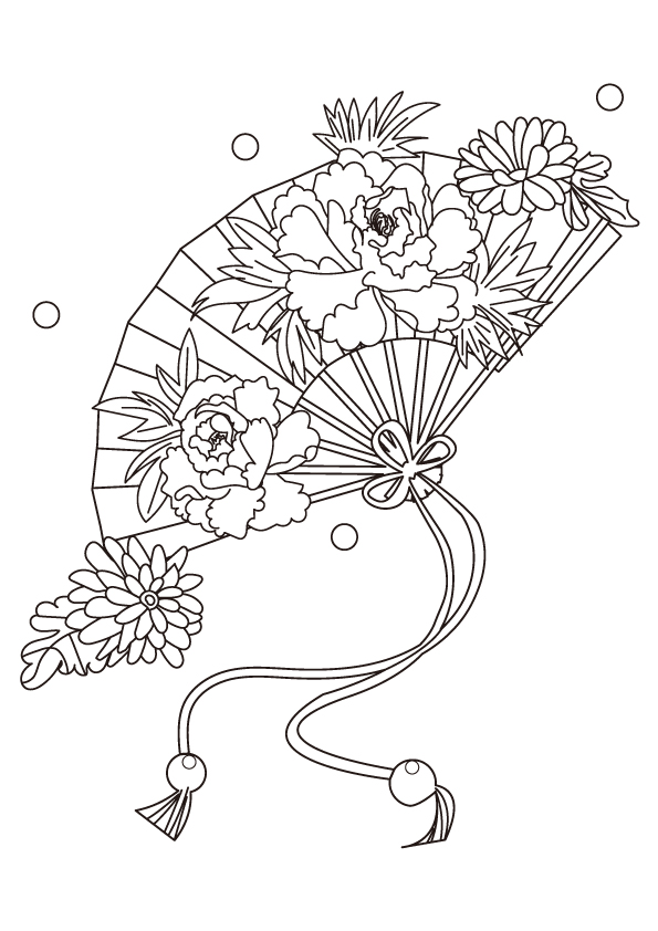 ぬりえ 牡丹と菊が飾られた扇子 無料イラスト素材 素材ラボ