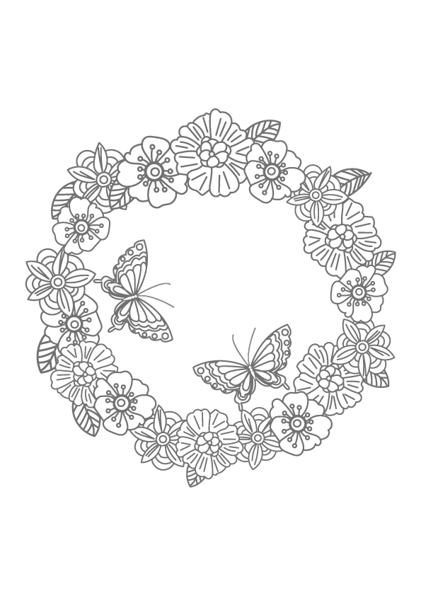 ぬりえ 花のリースと二匹の蝶 無料イラスト素材 素材ラボ