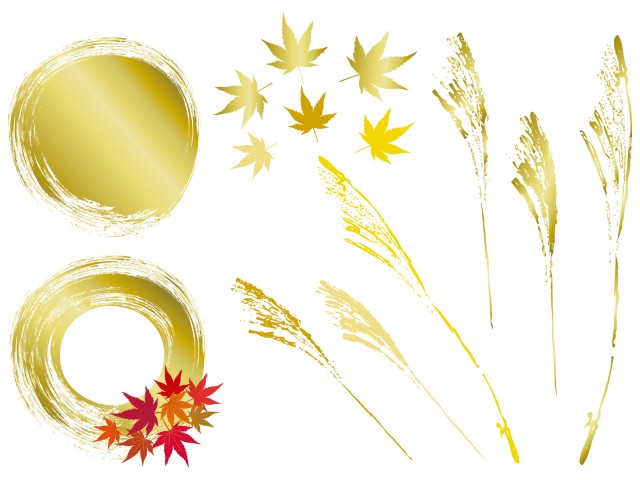 秋紅葉もみじ葉っぱとススキ和風金色ゴールド和柄円丸満月フレーム飾り枠見出し無料イラストフリー素材 無料イラスト素材 素材ラボ