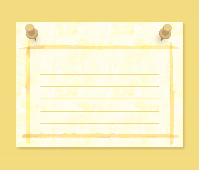 黄色イエローメモ用紙画鋲付掲示板メッセージカードフレーム飾り枠無料イラストフリー素材 無料イラスト素材 素材ラボ