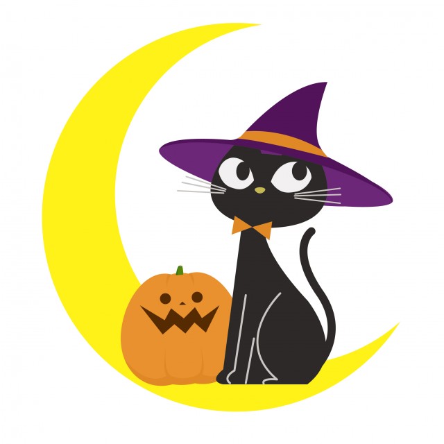 ハロウィン 黒猫 と 三日月 と ジャックオランタン かわいい イラスト 無料イラスト素材 素材ラボ