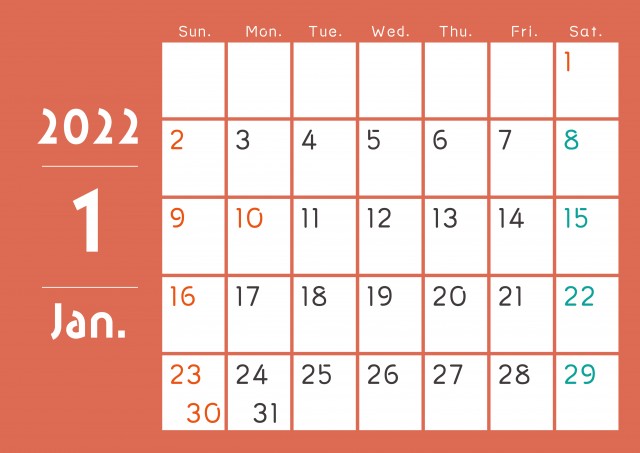 シンプルオシャレな月ごとに色の違うカレンダー 22年 1月 無料イラスト素材 素材ラボ