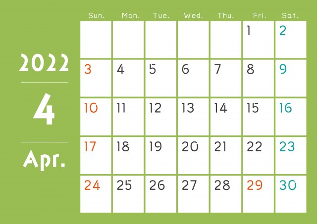 シンプルオシャレな月ごとに色の違うカレンダー 22年 4月 無料イラスト素材 素材ラボ