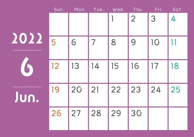 シンプルオシャレな月ごとに色の違うカレンダー 22年 6月 無料イラスト素材 素材ラボ