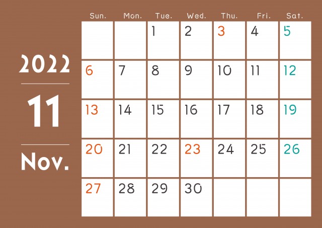 シンプルオシャレな月ごとに色の違うカレンダー 22年 11月 無料イラスト素材 素材ラボ