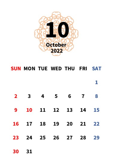 2022年　１０月　ポストカードサイズのおしゃれなカレンダー