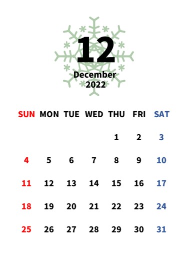 2022年　１２月　ポストカードサイズのおしゃれなカレンダー