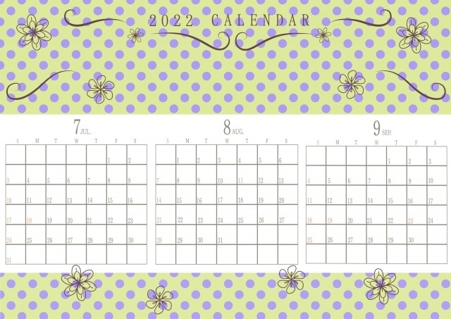 ２０２２年　シンプルな花柄とドット柄の３ヶ月カレンダー（7月～9月）