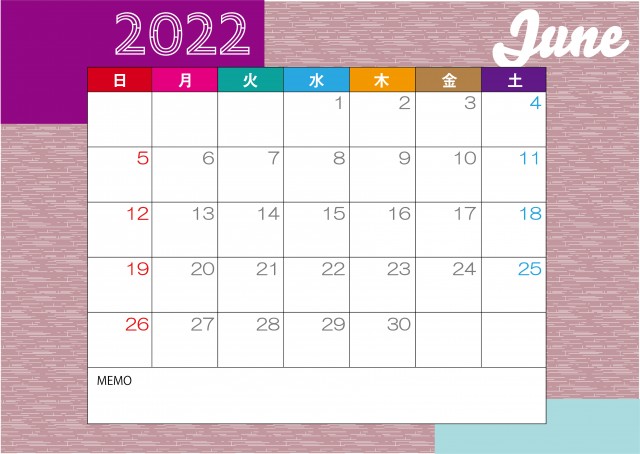 2022年6月カレンダー：横型のパターン柄のシンプルなかわいいカレンダー（A4サイズ）