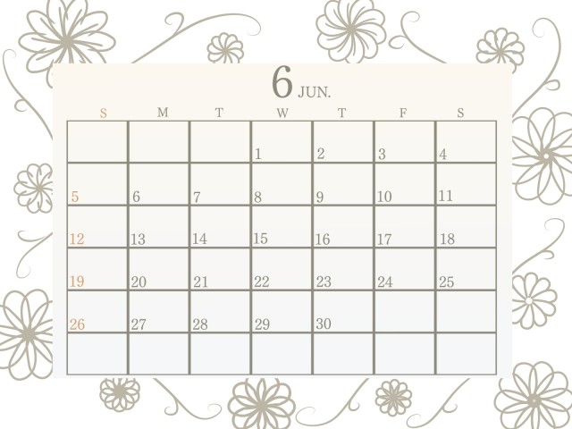 ２０２２年　シンプルな花柄の塗り絵カレンダー　６月