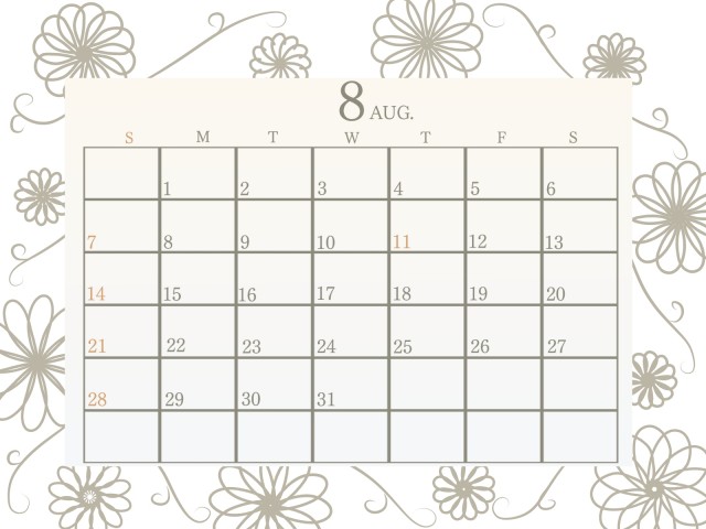 ２０２２年　シンプルな花柄の塗り絵カレンダー　８月