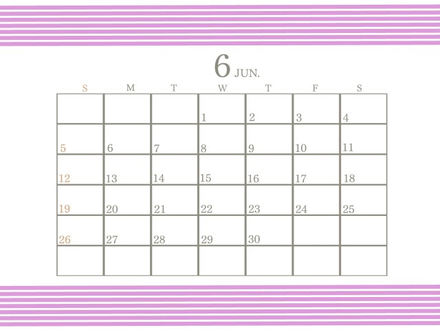 二〇二二年　シンプルなストライプ模様のカレンダー　６月