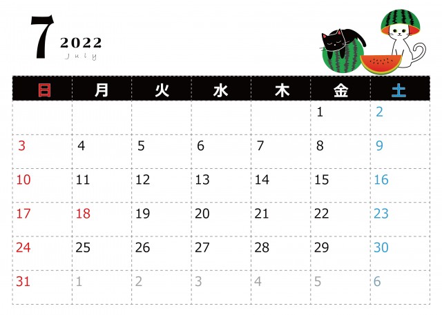 白猫と黒猫の2022年　7月 カレンダー A4横型