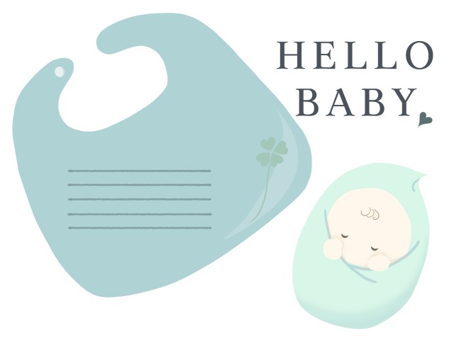 出産祝いのカード 水色のスタイと眠る赤ちゃんのいるイラスト 無料イラスト素材 素材ラボ