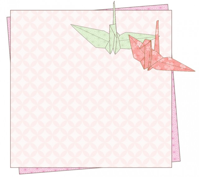 2羽の折鶴と折紙のフレーム(赤・黄緑)　桜・麻の葉模様　和風イラスト
