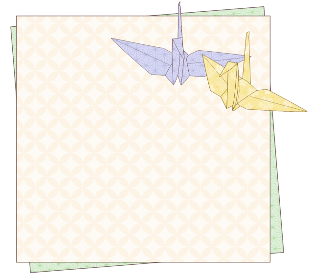 2羽の折鶴と折紙のフレーム 黄色 藤色 桜 麻の葉模様 和風イラスト 無料イラスト素材 素材ラボ