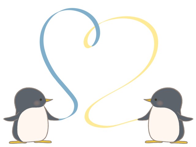 青色と黄色のリボンを持つペンギンのイラスト 無料イラスト素材 素材ラボ