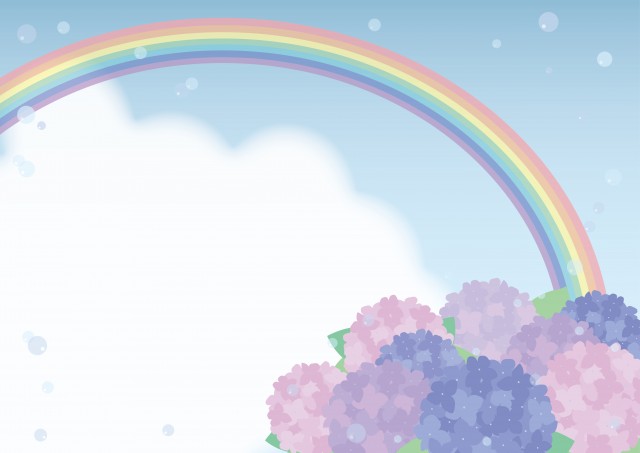 梅雨 雨上がりの虹とアジサイの風景フレーム 無料イラスト素材 素材ラボ