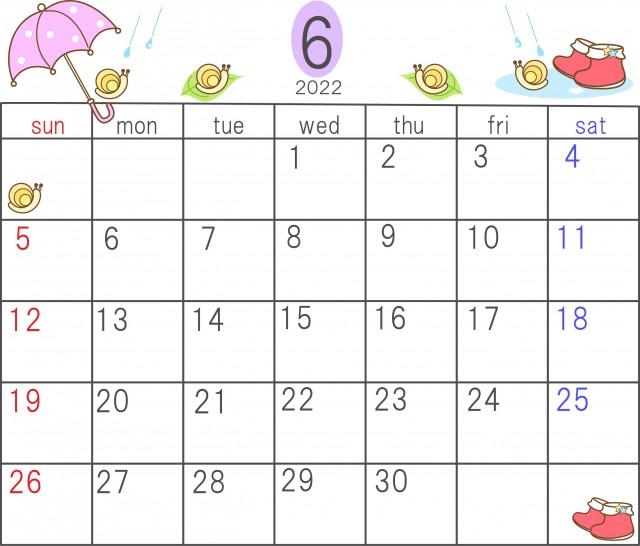 2022年6月の横型のカレンダー素材、傘とカタツムリと長靴のかわいい横型のカレンダー
