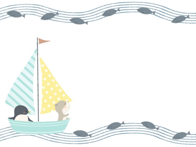 ヨットに乗るペンギンとカワウソのフレームイラスト　