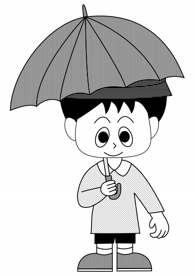 傘をさす幼稚園児 男の子 白黒 無料イラスト素材 素材ラボ