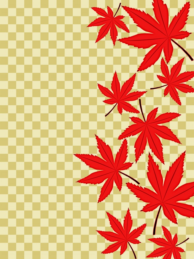 市松模様と紅葉の葉っぱ壁紙シンプル背景素材イラスト