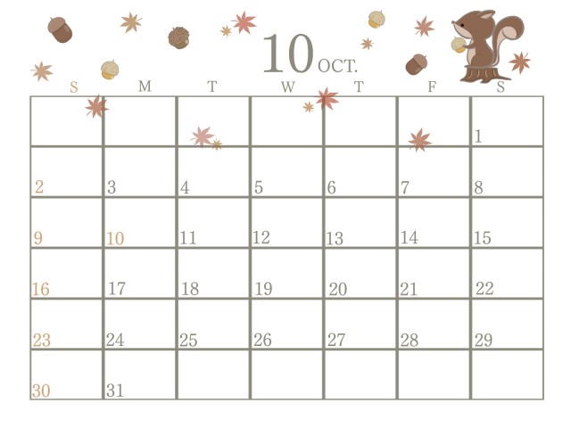２０２２年１０月のカレンダー（横）　リスとドングリ