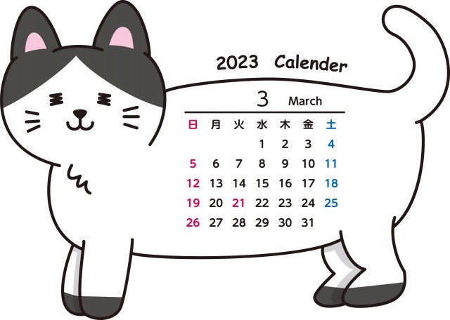 シンプルカレンダー 可愛い猫 白黒ハチワレ 23年 3月 無料イラスト素材 素材ラボ