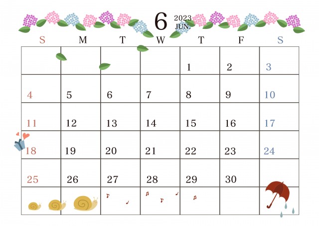 ２０２３年６月のカレンダー　６月の風景が描かれたカレンダー（梅雨と父の日）