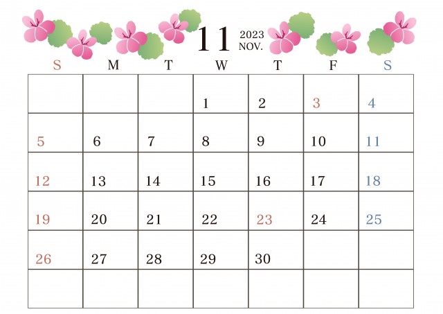 ２０２３年１１月のカレンダー　季節の花のあるカレンダー（ゼラニウム）