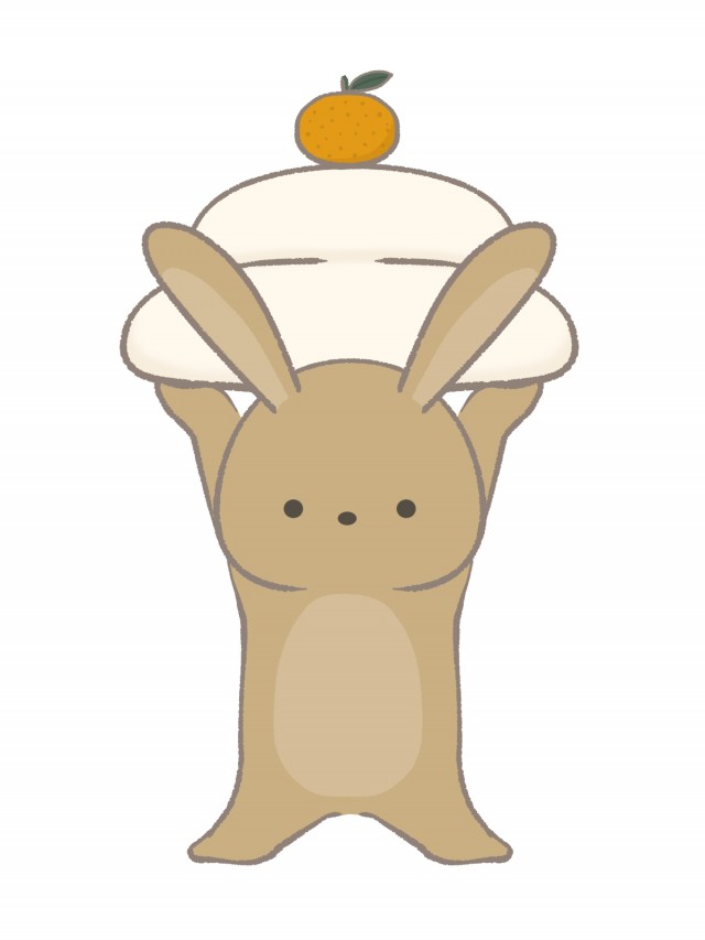 鏡餅を持ち上げるウサギのイラスト　