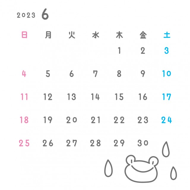 2023年月間カレンダー　6月　ワンポイント手描きイラスト　正方形　蛙