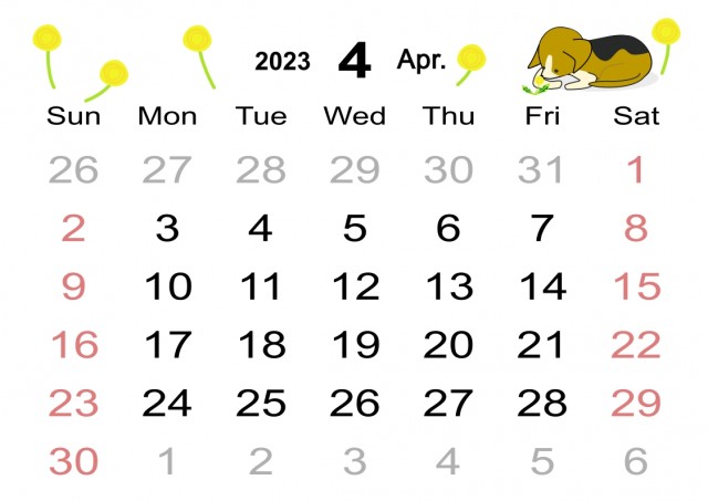 2023年4月犬とタンポポのカレンダー