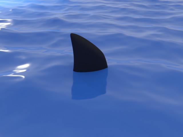 海面から見えるサメのリアルな背びれの3DCG