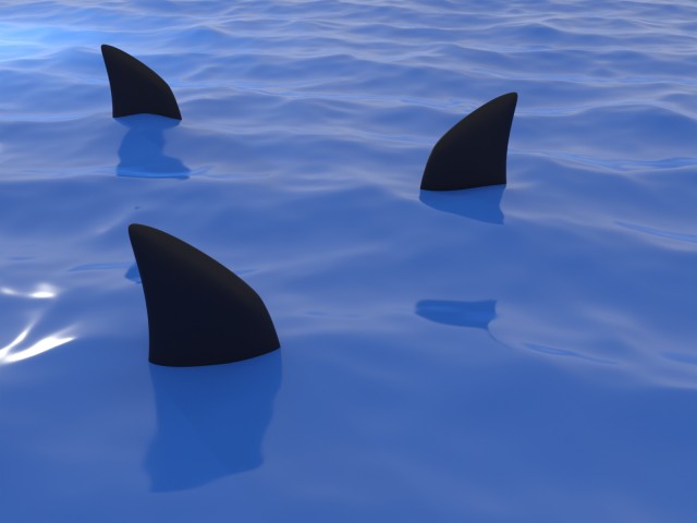 海面から見えるサメの群れのリアルな背びれの3DCG