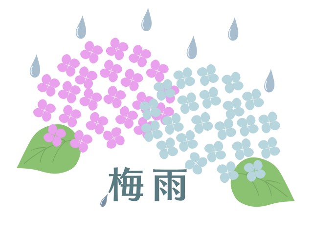 ６月　アジサイの花と雨のワンポイントイラスト