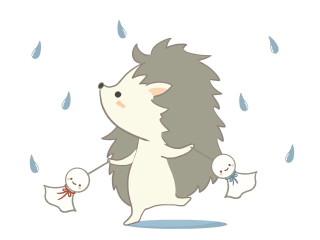 梅雨　てるてる坊主を持つハリネズミのイラスト