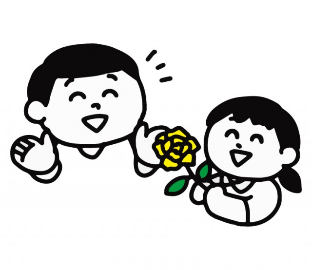 黄色い薔薇の花を父親に渡す女の子のイラスト