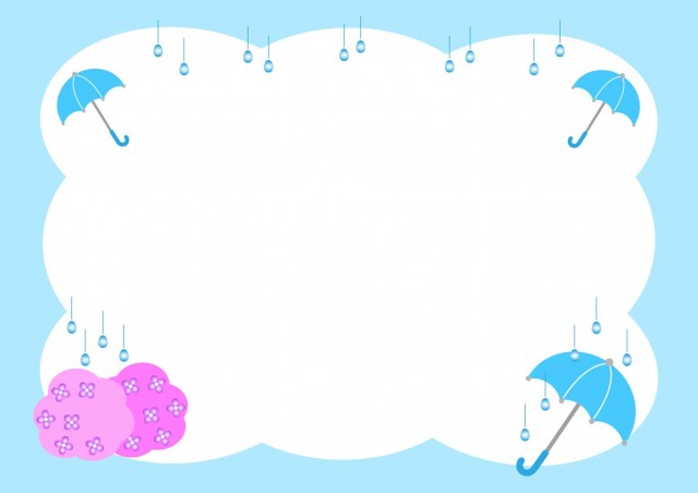 ６月のイメージのフレーム素材、傘とアジサイと雨のデザイン